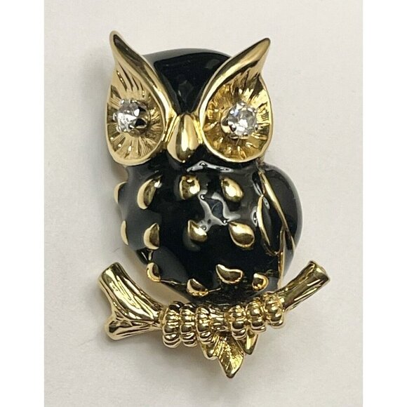 D'Orlan Owl Brooch Pin Black Enamel Rhinestones Eyes Signed Vintage Gold Tone - Picture 1 of 7